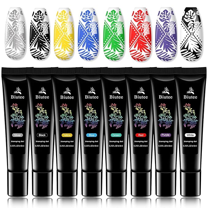 Stamping Polish Gels, 8 Colors Stamping Polish Red Black White Purple Blue Silver Soak Off Printed Gel UV Stamp Nail Gel for Nail Stamp Plate Stamper DIY Nail Art Design