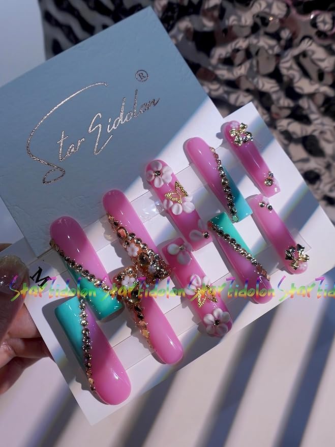HAND-PAINTED White Press Ons Neon Small Press on Nails Long French Press on Nails Coffin Medium Short Nail art Fake Nail Art Kit with 7g Glue on Nails Handmade Almond Square Nails (Custom, T19)