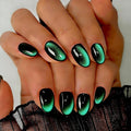 Cat Eye Press on Nails Short, Chrome Press on Nails Oval, Thick Glazed Black Emerald Green Fake Nails Press ons for Women Party Prom, Reusable Glitter Glue On Nails Almond in 15 Sizes, 30 Pcs