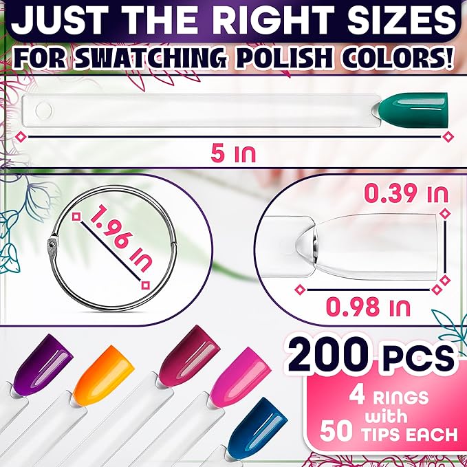 200 Pcs Nail Swatch Sticks - Clear Swatches for Gel Polish - Transparent Acrylic Practice Tips with Metal Rings | Suitable for Adding Designs, Rhinestones, Charms and Nail Art Striping Tape Lines