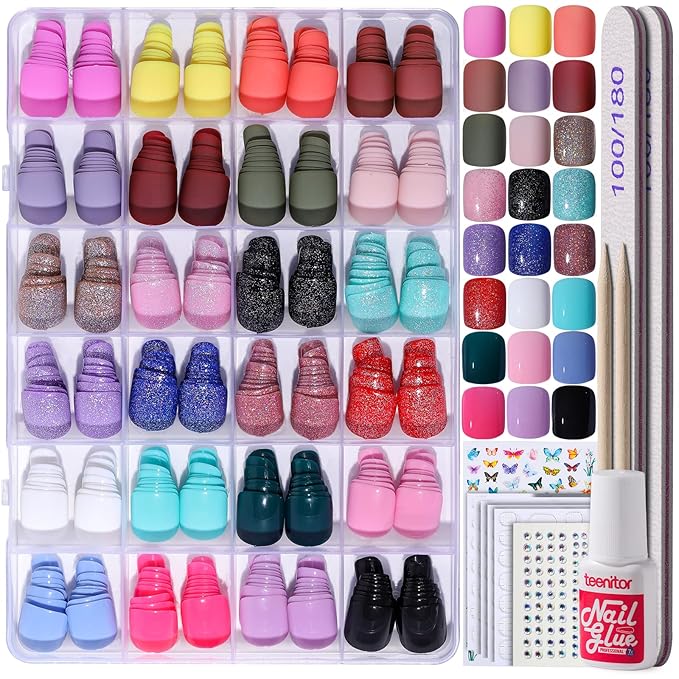 Teenitor Short Press On Nails with Glitter, 12 Sizes Square, Matte & Glossy Finish