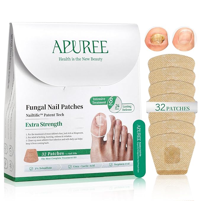APUREE Fungal Nail Patches Extra Strength: True 1% Tolnaftate | 8H Overnight Toe Nail Fungus Treatments |Repair For Discolored Yellow Brittle Damage Nails| Restores Healthy Appearance| 32 Patch