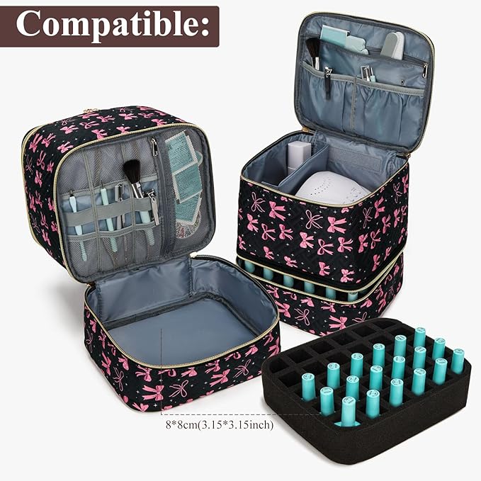 Nail Polish Organizer Aesthetic Nail Organizers and Storage, Bow Nail Supplies Kit Organizer Travel Carrying Case for Manicure Tools (Black, 2 Layer)