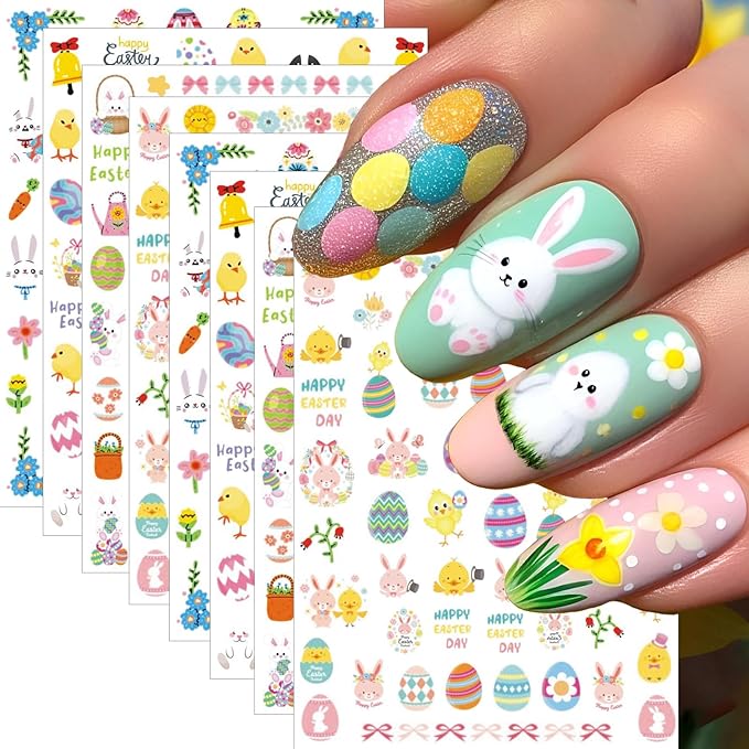 8 Sheets Easter Nail Stickers - 3D Self-Adhesive Easter Egg Bunny Chick Nail Decals - Cute Spring Holiday Nail Art Decorations for Girls Women Perfect Easter Basket Stuffers Gifts Party Favors