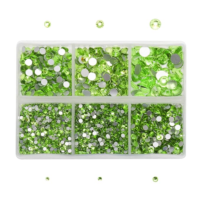AD Beads 4300 Pieces Flat Back Nail Art Rhinestones Round Beads 6 Sizes (2-6.5mm) with Storage Organizer Box,Rhinestones Picking Pen for Nail Art Phone Decorations Crafts DIY (Peridot)