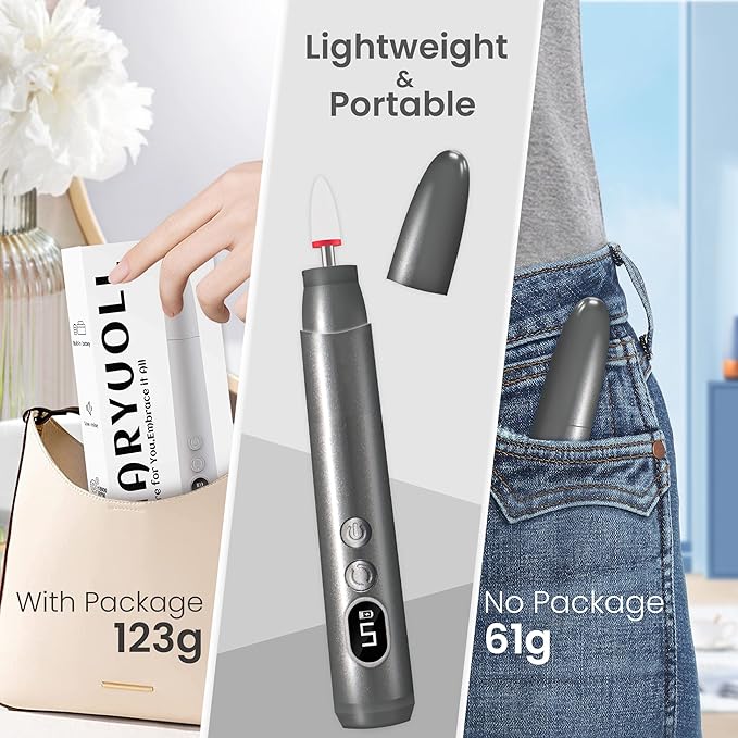 Cordless Electric Nail Drill Kit, Portable Rechargeable Nail Drill Set, Battery Electric Nail File, 5 Speeds Modes, LED Lighting, Reversible Direction, DIY, Professional (Grey)