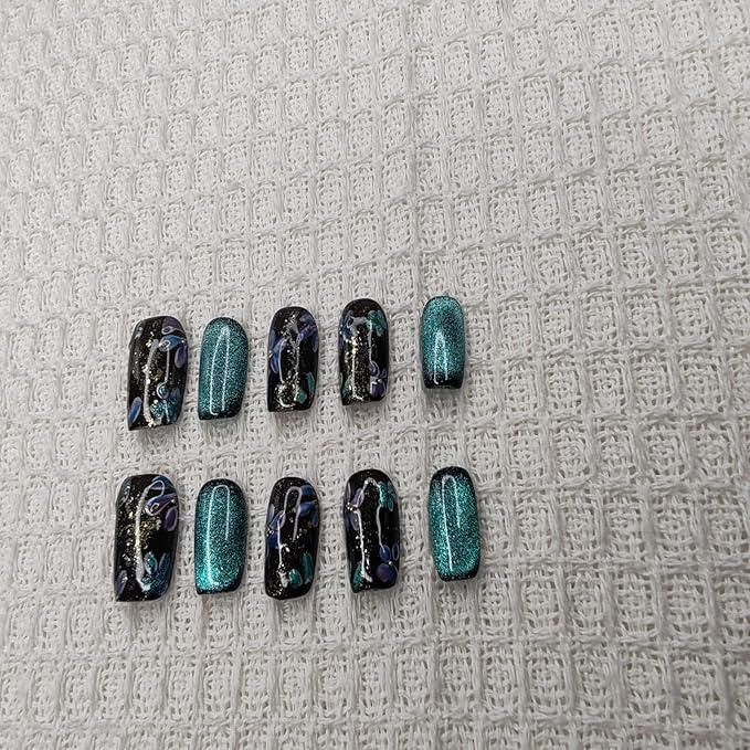 Handmade Nails Square Shape Cool Chic Style Black Base Blue Floral Patterns Glitter Embellishments Smooth Glossy Surface Fashion Manicure Easy Wear Press on Nails 10 pcs (S)