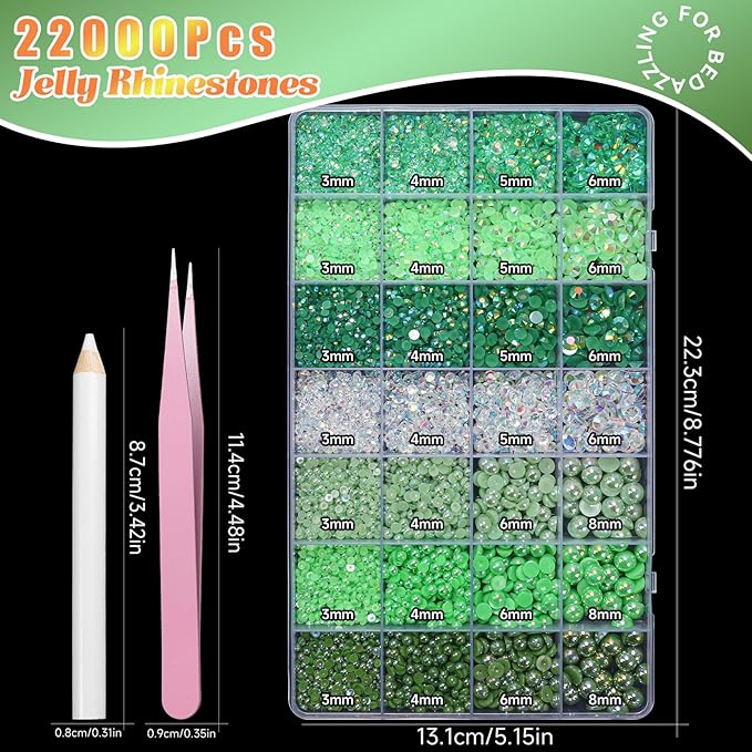 22000 Pcs Green Flatback Pearls and Rhinestones Bedazzling Kit, Resin Rhinestones Gems for Crafting, Mixed Size Half Pearls Gems for Nails Face Eyes Makeup Bottles Shoes DIY Crafts