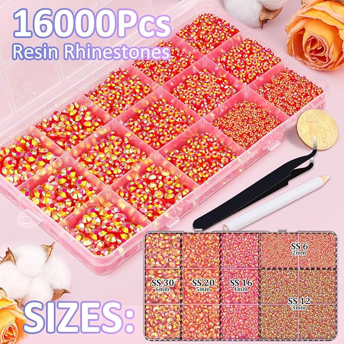 16000Pcs Resin Jelly Red AB Rhinestones for Crafting, Non Hotfix Flatback Gems, Bedazzling Crystal with 3Pcs 10ml B7000 Jewelry Glue for DIY Crafts Clothing Tumblers Shoes Fabric Nail Art