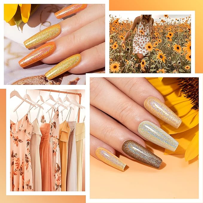 RARJSM Holographic Gel Nail Polish Set, Sunflower Collection Orange Yellow Gel Polish Summer Nail Colors 6PCS 7.5ML Soak Off UV LED Unicorn Mirror Laser Effect Nail GelPolish for Salon Home Manicure