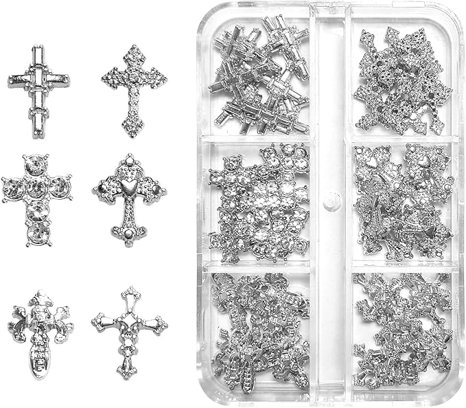 3D Alloy Metal Crystal Cross Nail Charms - 60 Pcs Ideal for Women and Girls' DIY Punk Nail Art, with Rhinestones, Great for Salons & Fashion Events (60, Silvery)