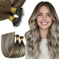 RUNATURE Brown Balayage Nano Bead Hair Extensions Human Hair 16 Inch 50G 50 Strands Brown to Blonde Nano Link Hair Extensions Real Hair Full Ends Cold Fusion Can Be Styled #3/8/22
