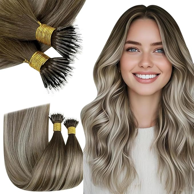 RUNATURE 24 Inch Nano Bead Hair Extensions Human Hair Balayage Brown to Blonde Nano Ring Hair Extensions Remy Hair Cold Fusion Straight 50g 50s