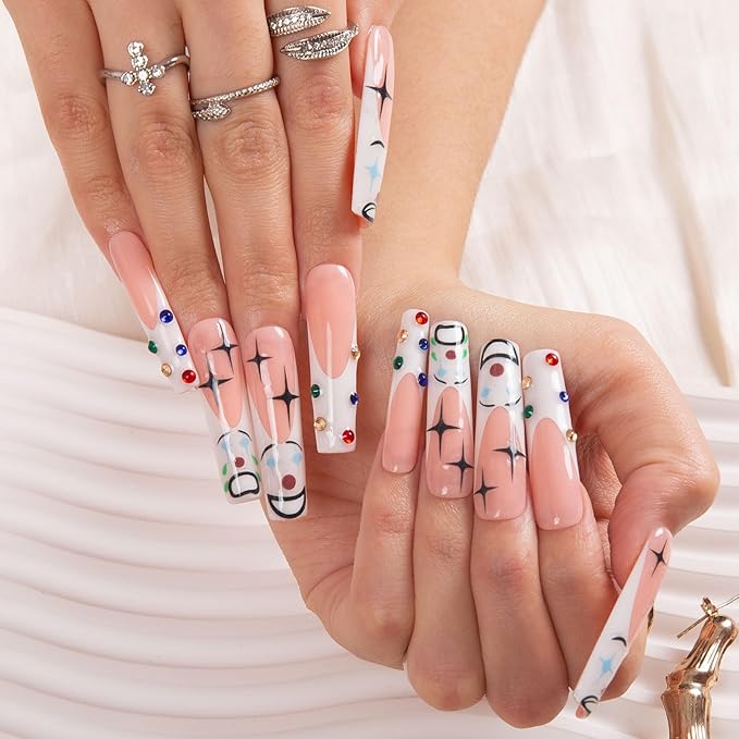 LOVFUL Press on Nails Clown| Handmade with Full Covered Crystals| Reusable Fake Nails| Square Mid length 1.7in| H139-L