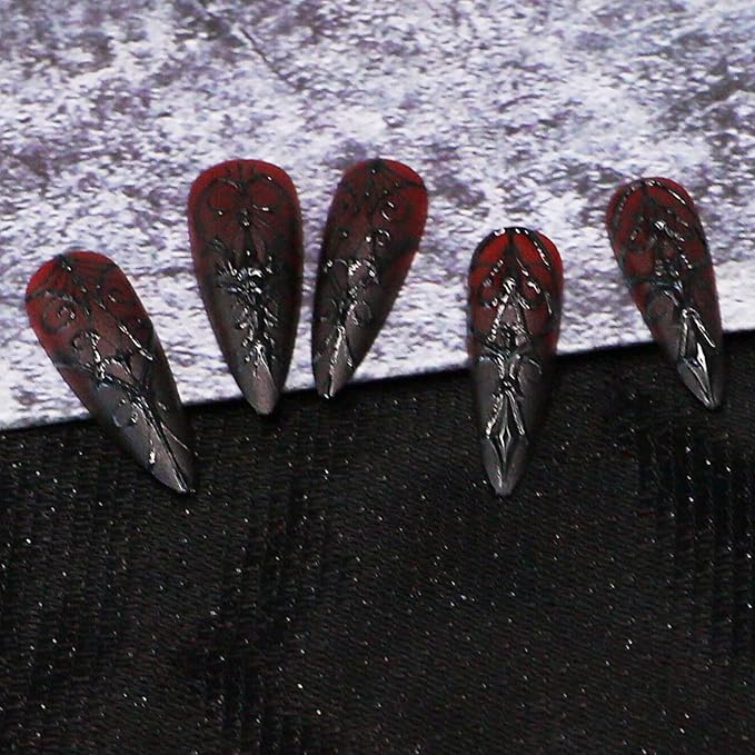 Gothic Press on Nails - Halloween Fake Nail | Dark Red Stiletto Acrylic Nails with 3D Stripe Designs,Reusable Stick on Nail for Women Girls| Halloween Manicure - 24Pcs