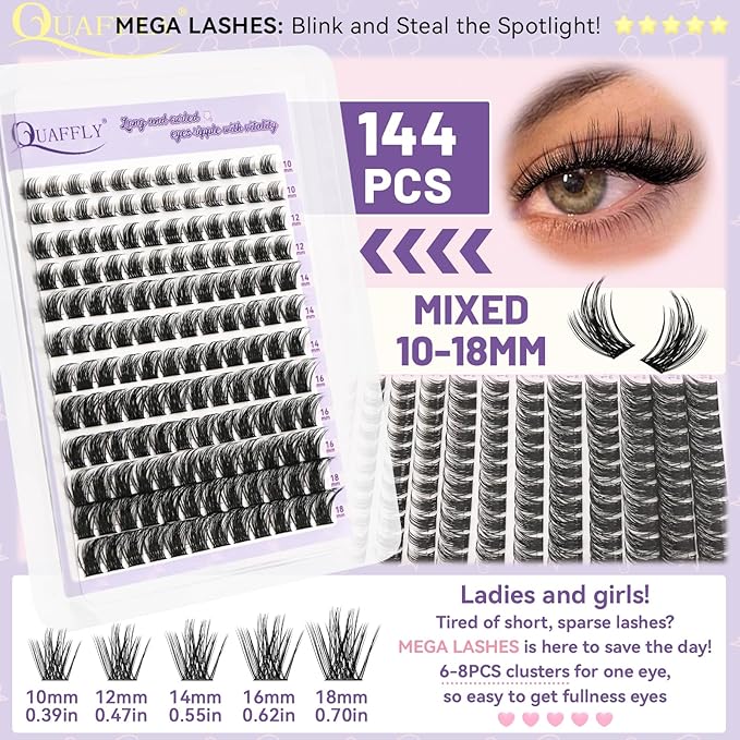 DIY Lash Extension Kit Cluster Lashes Kit with 576Pcs Lash Clusters Lash Bond and Seal Remover Eyelash Applicator Beginner DIY Lashes Kit Easy to Use(4 styles-10-18mm)