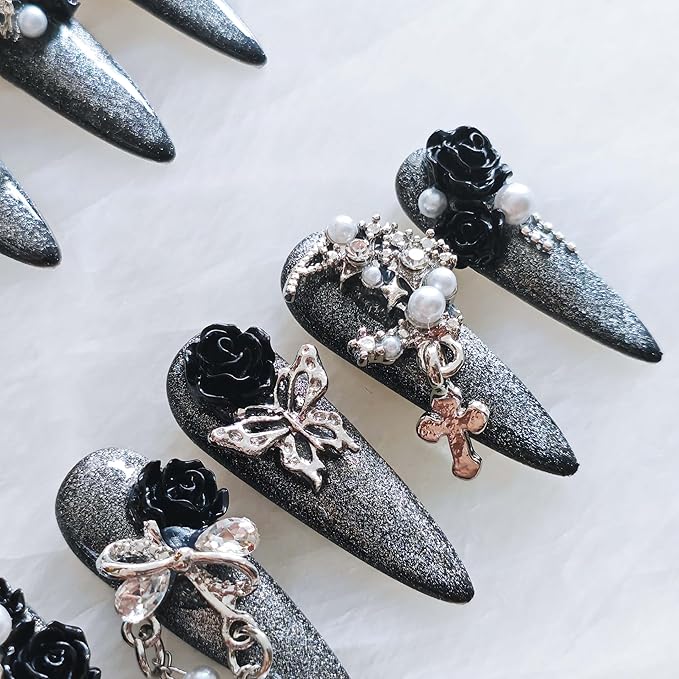 Luxury Long Stiletto Press-On Nails, 3D Black Roses with Silver Glitter, Pearl and Rhinestone Decorations, Handmade False Nail 10 Pieces (Large, LS)