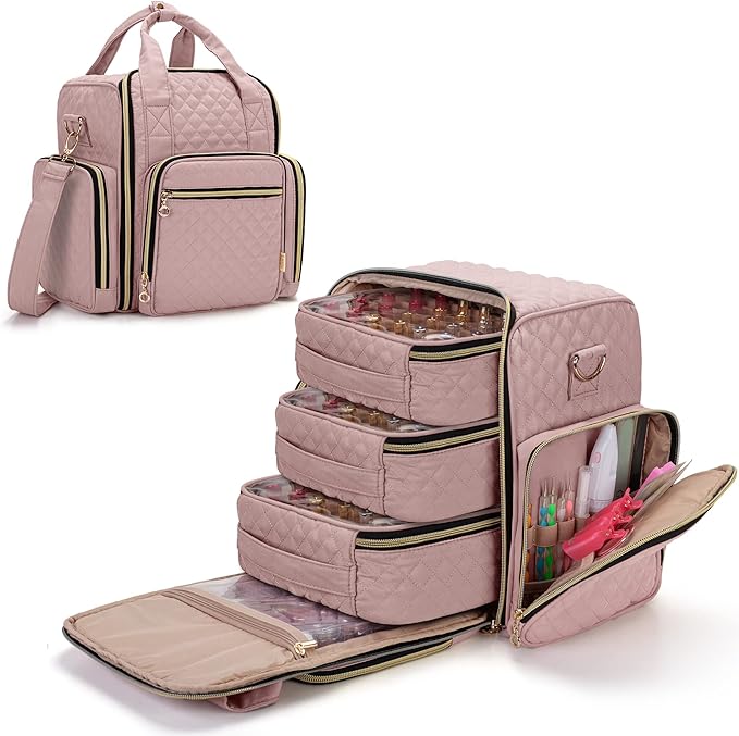 LUXJA Nail Polish Organizer Holds 72 Bottles, Nail Polish Case with 3 Removable Bags and Tools Storage Pockets (Patent Pending), Pale Rose