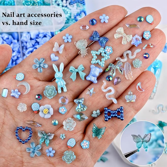 850 Pieces 3D Butterfly Rose Flower Bow Rabbit Bear Nail Charms Kit with Nail Art Rhinestones Pearls Crystal Gems Nail Slices for Manicure DIY Crafts Jewelry Accessories (Blue)