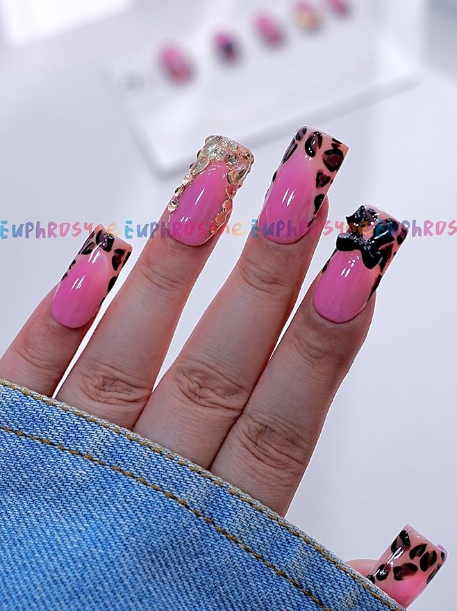 Pink Leopard Press On Nails – 10PCS Glossy Fake Nails with 3D Bow and Glitter Rhinestones, Reusable Long Coffin Nails for Women and Girls – Euphrosyne
