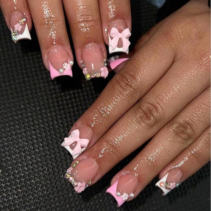 French tips Press on Nails Pink Short Square Fake Nails with 3D Bow Charms Design White Pearl Glue on Nails Glossy Flower False Nail tips Reusable Spring Nails for Women Girls Manicure 24pcs