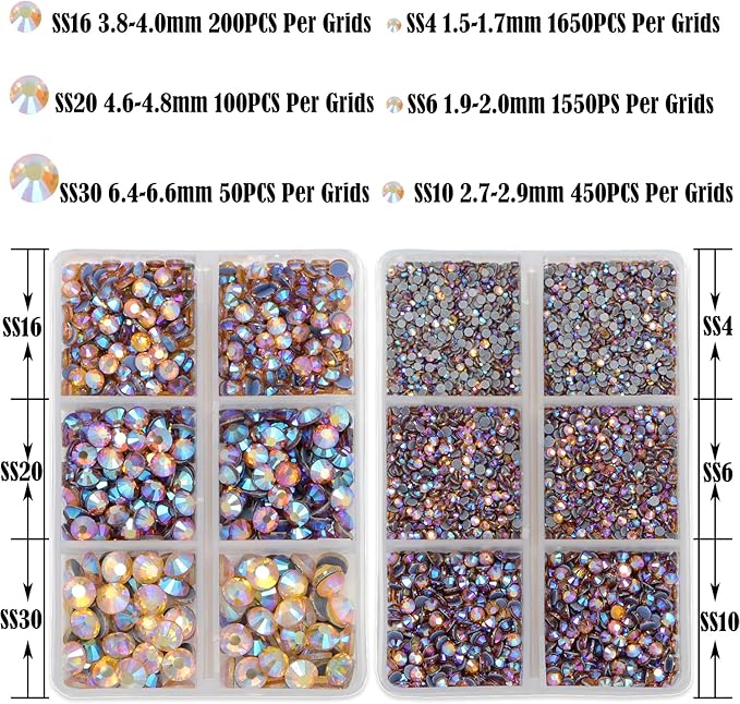 NCB Hotfix Iron on 8000pcs Crystal Rhinestones Round Gem for Crafts Decoration DIY Jewelry Making with a Tweezers and 2 Picking pens (Topaz AB, 6Sizes SS4-SS30)
