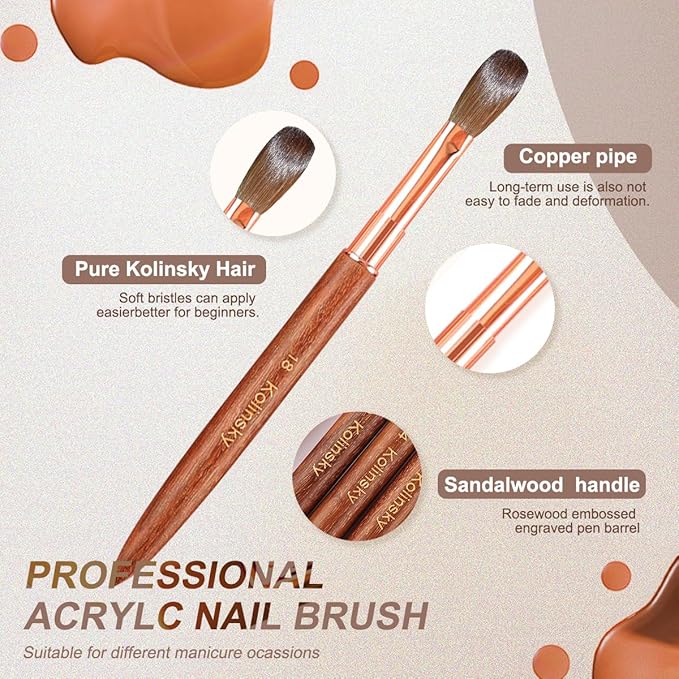 100% Pure Kolinsky Acrylic Nail Brush Size 2 for Acrylic Application - Acrylic Powder Brush for Nail Art Professional Salon Quality Acrylic Powder Brush for Nail Art Extension (Rose Gold Wood)