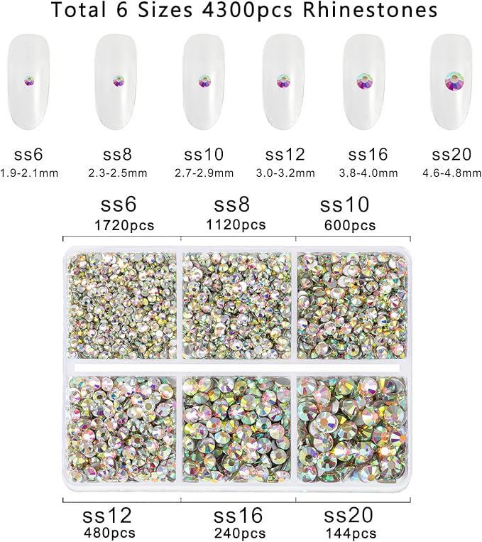 Beadsland 4300pcs Flatback Rhinestones,AB Crystal Rhinestone Nail Gems Round Crystal Rhinestones for Crafts,Mixed 6 Sizes with Picking Tweezers and Wax Pencil Kit, SS6-SS20,Crystal AB