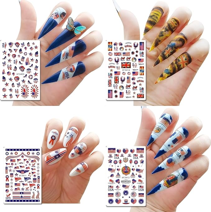 4th of July Nails Stickers for Nail Art - 8 Sheets 3D Self Adhesive Independence Day Nail Art Stickers American Flag Stars Letters USA Nail Decals Fourth of July Design Sticker for Women