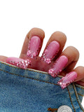 10PCS Hot Pink Rhinestone Press On Nails – Long Coffin Fake Nails with Full Crystal Borders, Glossy Reusable Sparkly Nails for Women and Girls – Euphrosyne