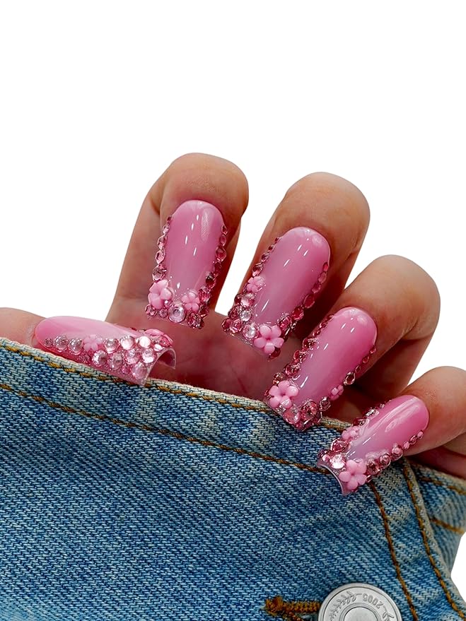 10PCS Hot Pink Rhinestone Press On Nails – Long Coffin Fake Nails with Full Crystal Borders, Glossy Reusable Sparkly Nails for Women and Girls – Euphrosyne