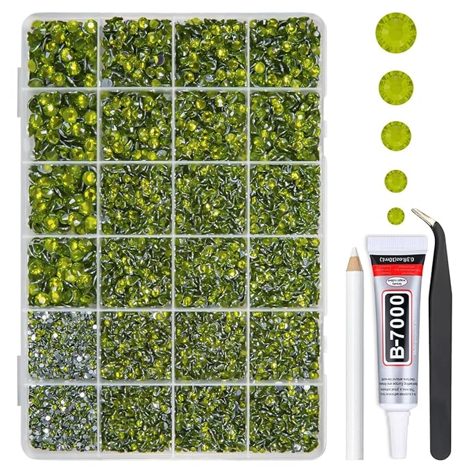 Olive Green Crystal Resin Rhinestones w B7000 Jewelry Glue for Bedazzling Crafting 2-6mm Flatback Stones Diamonds Gems Bedazzler Kit for Nails Face Eyes Makeup Tumblers Bottles DIY Crafts Shoes