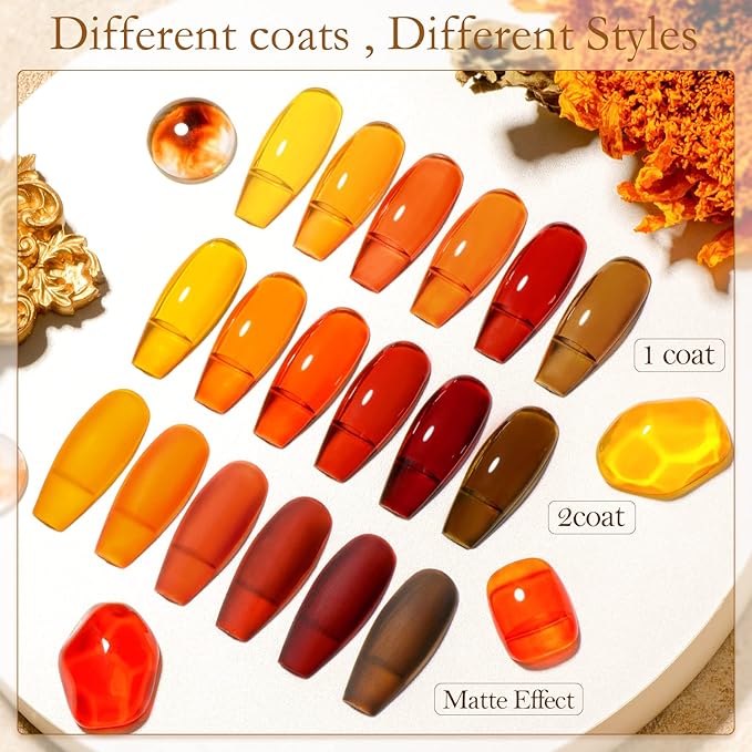 MTSSII Jelly Crystal Gel Nail Polish Translucent Tortoise Shell Nails Wine Burgundy Red Coral Caramel Orange Amber Brown Grey Fall Autumn 6 Colors Soak Off UV LED Manicure Art Kit For DIY Home