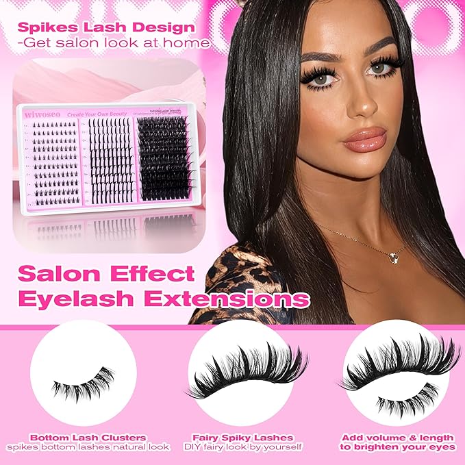 wiwoseo Spiky Lash Clusters with Bottom Lashes Clusters Kit Volume Lash Spikes Cluster Eyelash Extensions Kit Mink Eyelash Clusters Spiky Cluster Lashes Clusters with Bond and Seal(Bottom+Spikes+100D)
