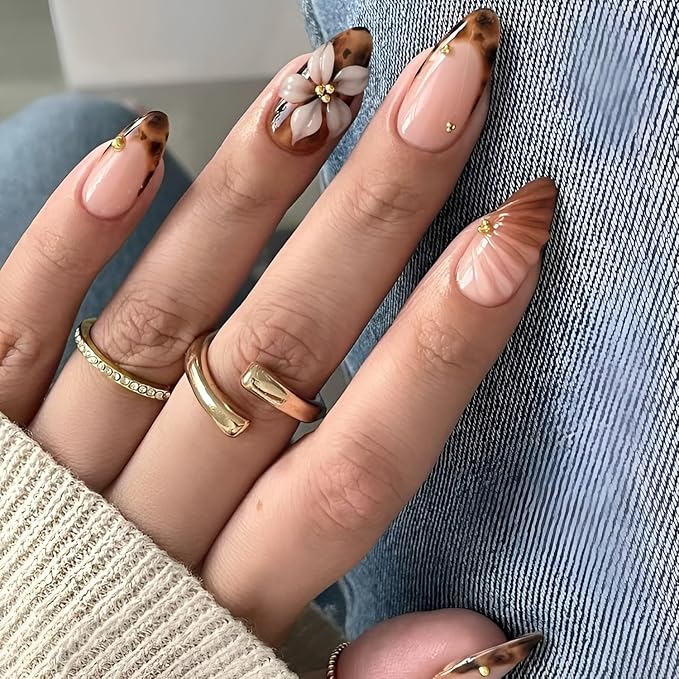 24Pcs French Tip Fake Nails Medium Almond Press on Nails Brown Glossy Glue on Nails 3D Flower False Nails with Rhinestones Design Leopard Print Stick on Nail for Women Decorations Set