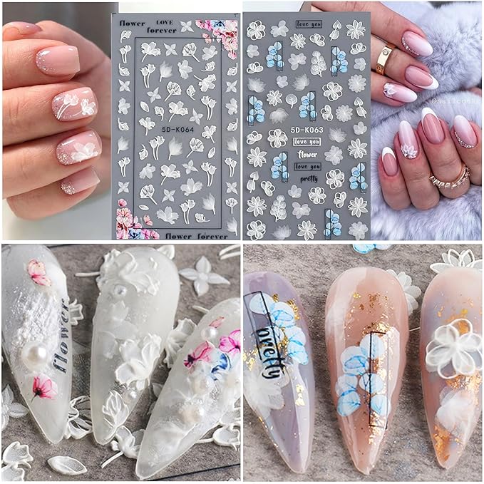 6 Sheets White Flower Nail Art Stickers Decals 5D Embossed Nail Decals Spring Winter Nails Art Self-Adhesive Supplies Accessories 3D Flower Stickers for Women Nails Design Decoration