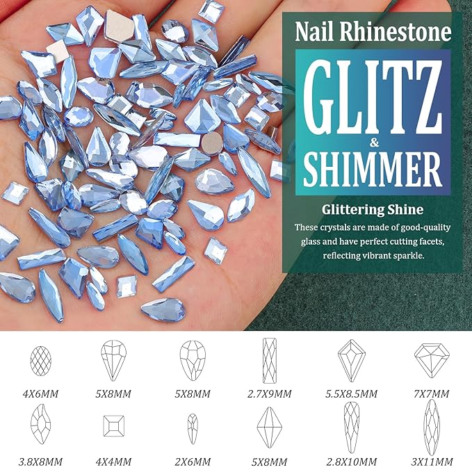 BELLEBOOST Multi Shapes Light Blue 3D Glass Crystal Nail Art Rhinestones Kit with Flatback Round Bead Charm Gem Jewelry Diamond with Nail Art Pens + Tweezer for Manicure Makeup DIY Craft Decoration