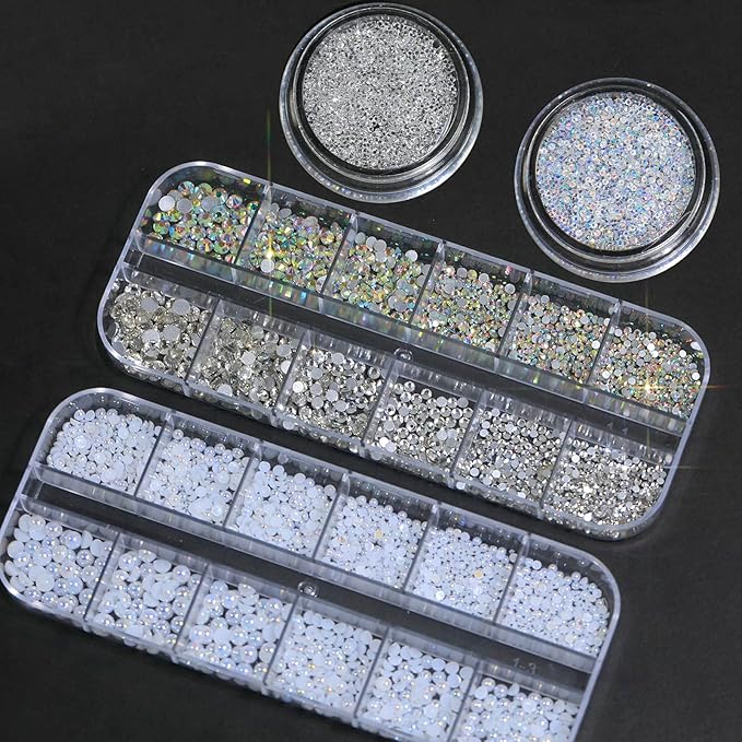 HNUIX Nail Rhinestones and Pearls Nail Charms, 4Box Crystals Nail Gems, Rhinestones, Pearl for Nails Gemstones Bling for DIY Nail Art Decor, with Wax Pencil and Tweeze
