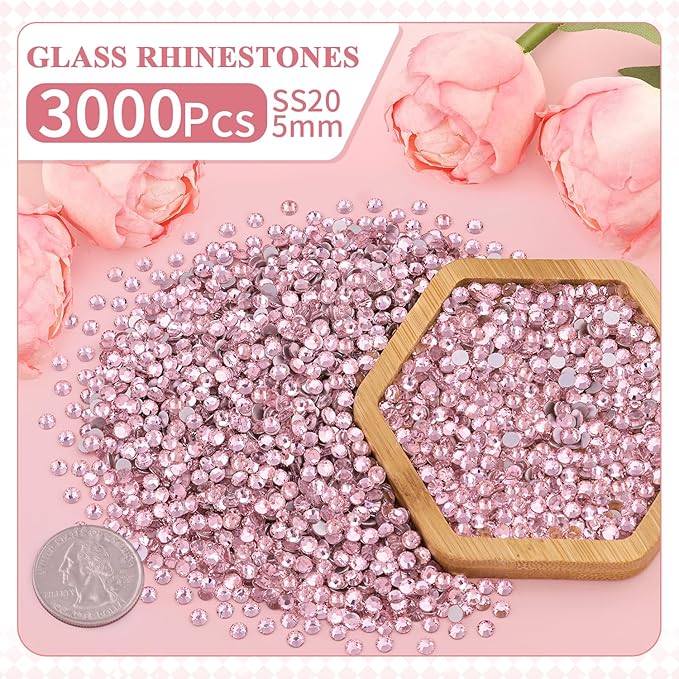 3000PCS SS20/5mm Crystal Rhinestones (Light Pink) with 2Pcs 10ml B7000 Jewelry Glue, Bedazzling Flatback Glass Rhinestones for Crafting, Gems Diomand Charms for Tumbler Shoes Clothing Mugs Nail Art