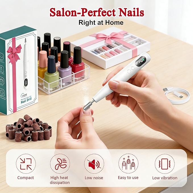 Salon-Grade Electric Nail Drill – Professional Cordless Nail File with LED Display, 6 Specialized Bits & 26 Accessories for Gel/Acrylic Nails & Thick Toenails (White)
