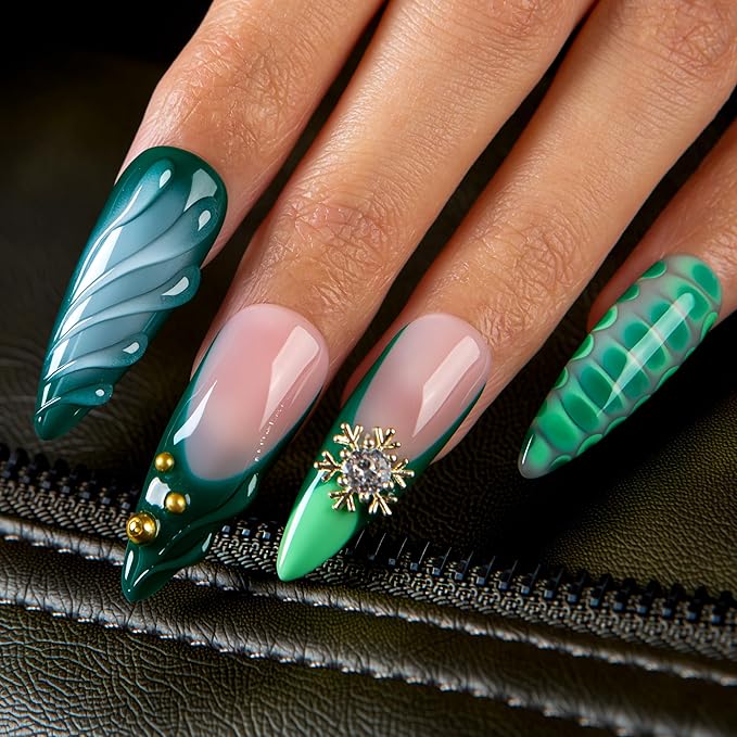LOVFUL Short French Tip Press on Nails Forest Jewel | Handmade Acrylic Press ons| Reusable Fake False Nails | Stiletto Classic Regular 1.3in | H698-S
