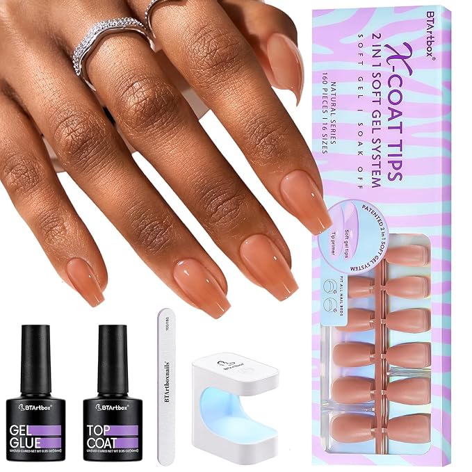 BTArtbox XCOATTIPS Gel Nail Kit - Short Coffin Press on Nails with Gel Glue, Top Coat, Nail Lamp, Pre-colored Short Nail Tips Brown Fake Nails for Daily Nail Art