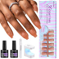 BTArtbox XCOATTIPS Gel Nail Kit - Short Coffin Press on Nails with Gel Glue, Top Coat, Nail Lamp, Pre-colored Short Nail Tips Brown Fake Nails for Daily Nail Art