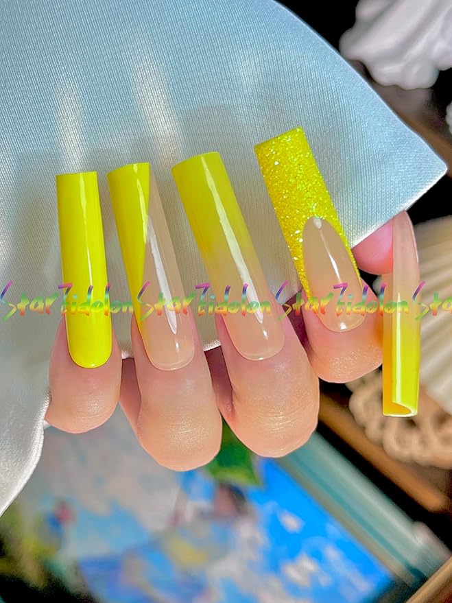 HAND-PAINTED White Press Ons Neon Small Press on Nails Long French Press on Nails Coffin Medium Short Nail art Fake Nail Art Kit with 7g Glue on Nails Handmade Almond Square Nails (X-Small, J12)
