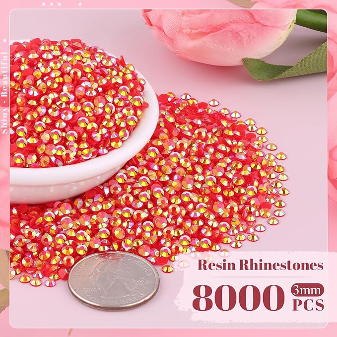 8000PCS 3mm Resin Jelly Rhinestones in Bulk (Red AB), Bedazzling Flatback Crystals Rhinestones for Crafting DIY Nail Decoration, Gems Diomand Charms for Tumbler Shoes Clothing Fabric