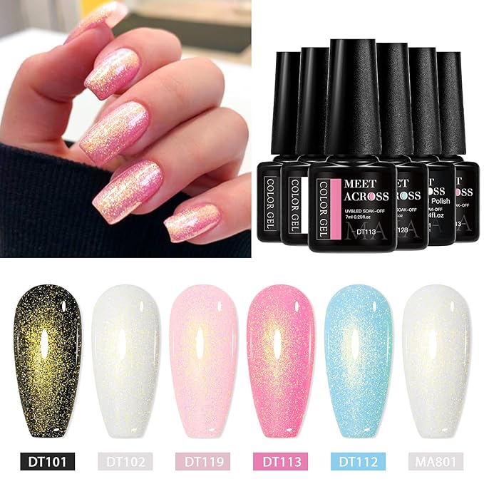 MEET ACROSS 5 Colors Gel Nail Polish with Glitter Gel Top Coat, Shimmery Nail Gel Polish Black White Pink Sky Blue Nail Polish Set Manicure DIY Home Salon 6Pcs*7ml