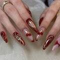 Valentines Long Press on Nails Almond Fake Nails Red Artificial Nail with Cherry and Gold Charm Designs Love Heart SEENEEY Stick on Nail for Women 30pcs