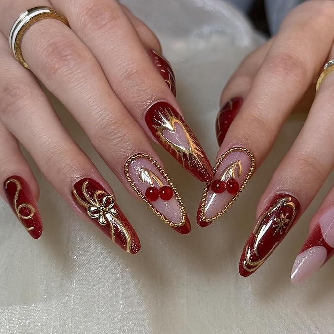 Valentines Long Press on Nails Almond Fake Nails Red Artificial Nail with Cherry and Gold Charm Designs Love Heart SEENEEY Stick on Nail for Women 30pcs