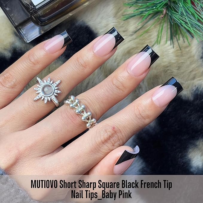 Black French Tip Short Straight Square Nail Tips Press on, BABY PINK Extra Thick NEED Soft Gel Nail Extension, Need Builder gel & Top,Coat Full Cover False Nails, for DIY x 15 Sizes 150 pcs