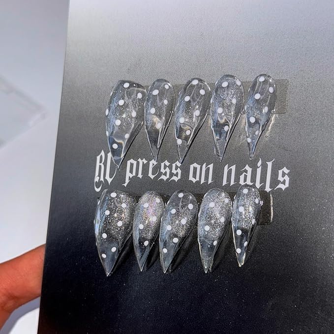10 Pcs Handmade Press on Nails Curved Short Eagle Claw Fake Nails with Dot Designs Transparent Luxury Dragon Claw False Nails with Glue,Full Cover Acrylic Artificial Glue on Nail for Women(S)